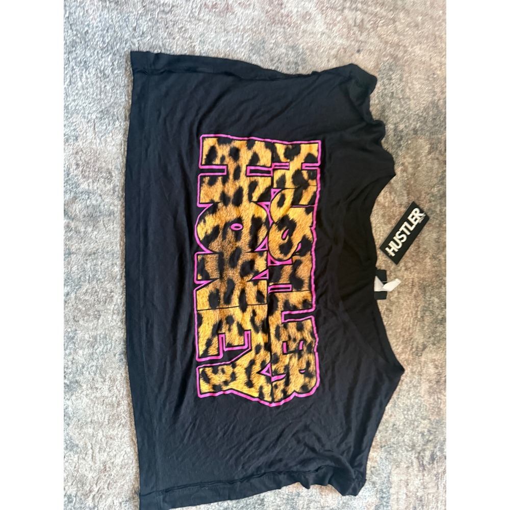 Y2K Hustler‎ Honey Graphic Crop Top Black Leopard Print Pink Logo Off Shoulder L - Picture 7 of 7